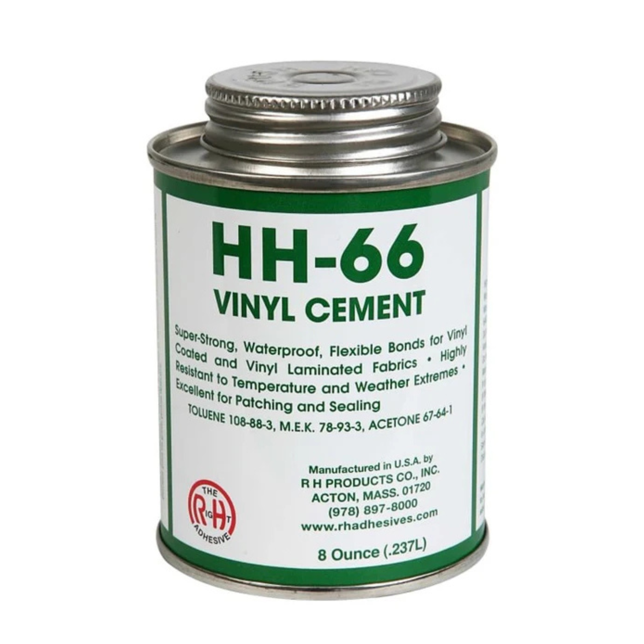 An 8 ounce can of HH-66 Vinyl Cement by RH Adhesives with product details and branding visible.