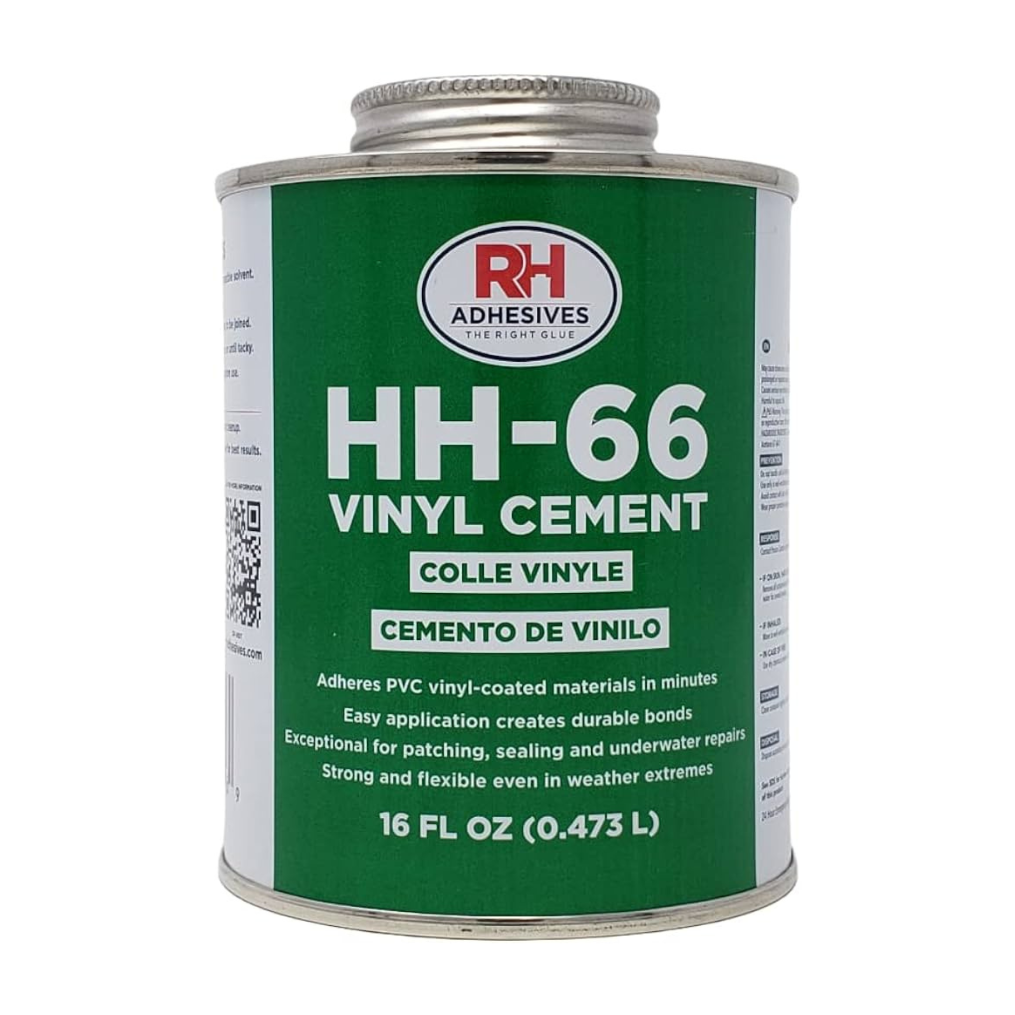 A 16 ounce can of HH-66 Vinyl Cement by RH Adhesives with product details and branding visible.
