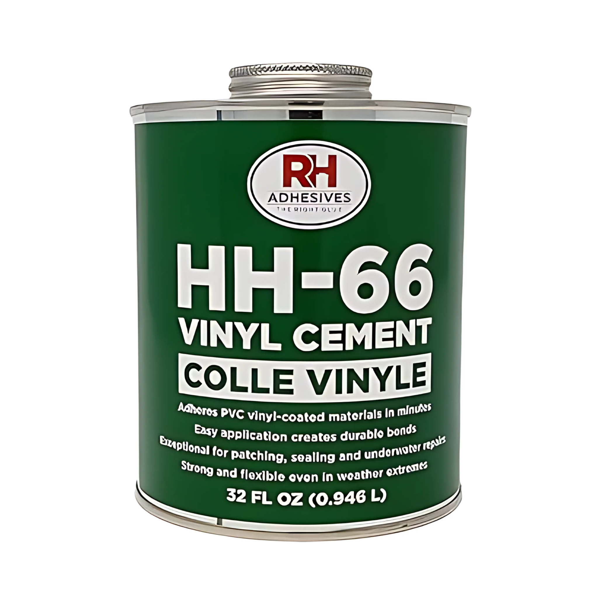 A 32 ounce can of HH-66 Vinyl Cement by RH Adhesives with product details and branding visible.