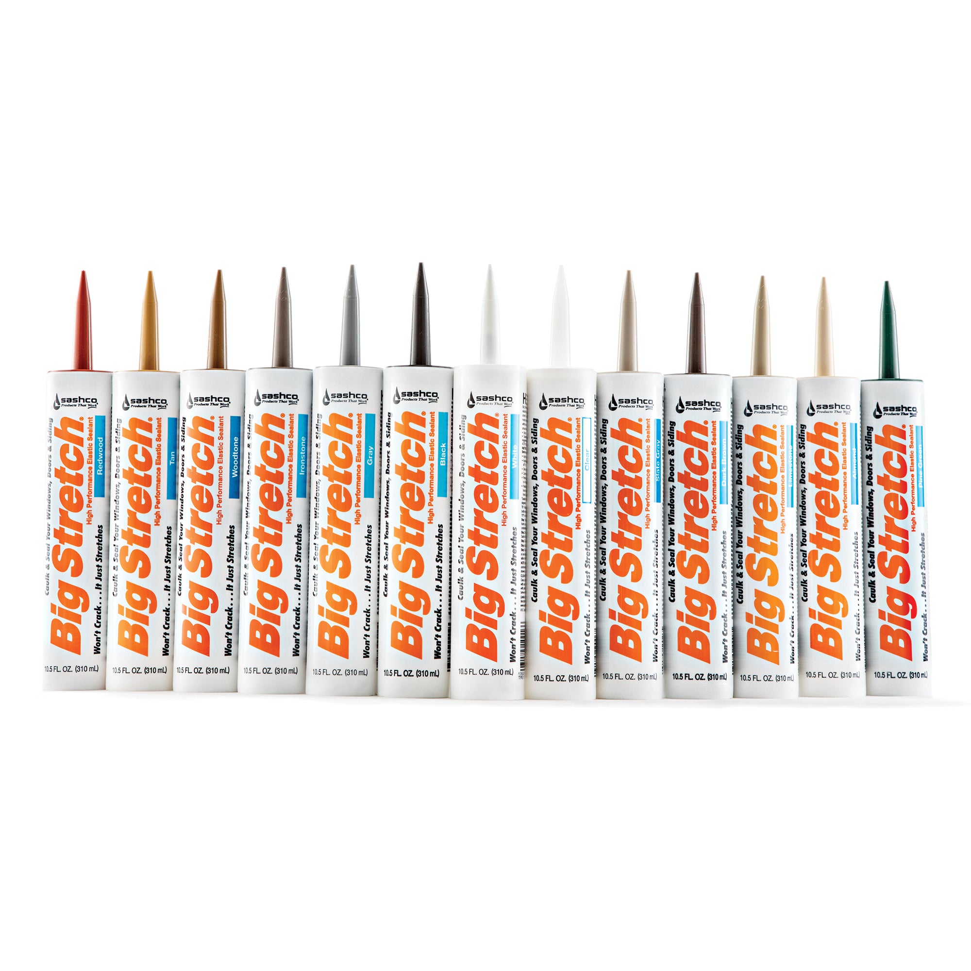 A range of Big Stretch caulk tubes in various colors aligned side by side.