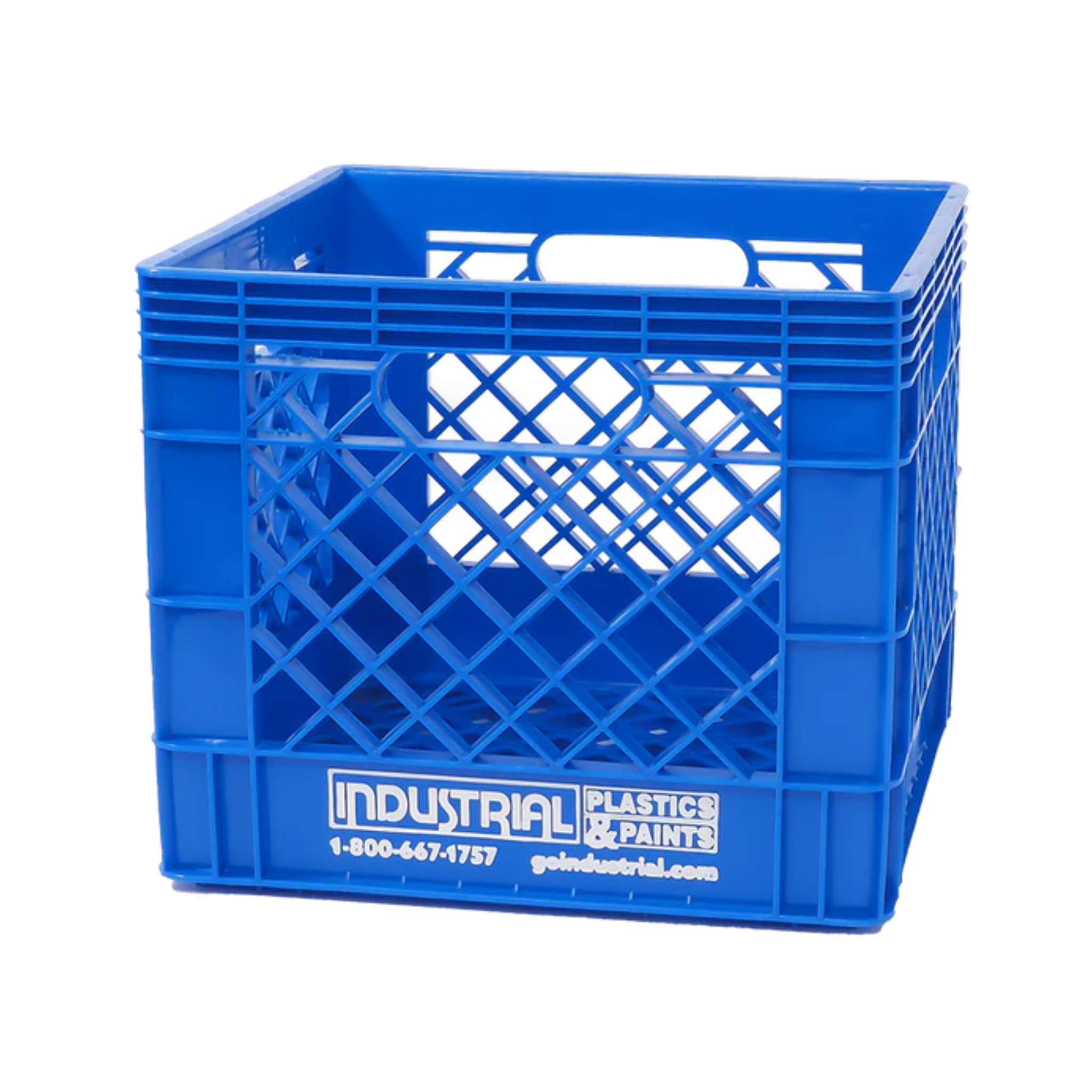 Blue milk crate with 'Industrial Plastics & Paints' branding on a white background