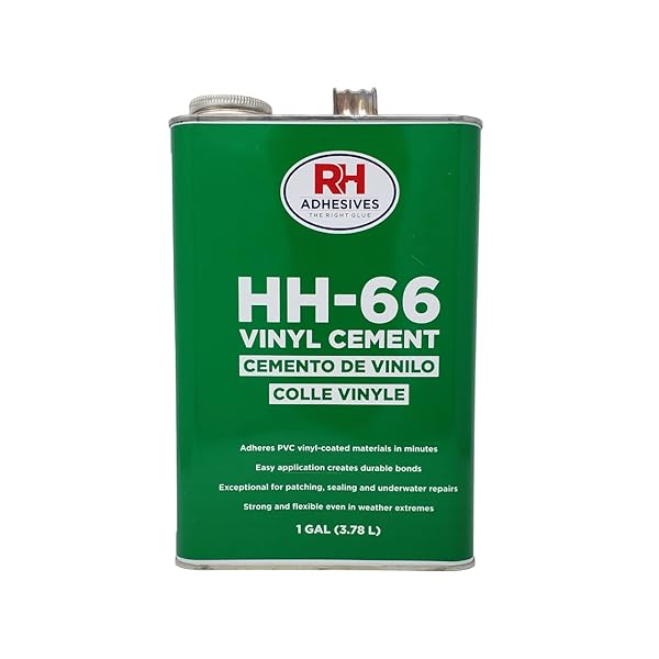 A 1 Gallon can of HH-66 Vinyl Cement by RH Adhesives with product details and branding visible.