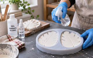 Crafter using a light spray while casting white plaster in a detailed silicone mould.