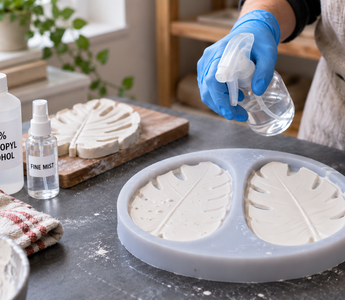 Crafter using a light spray while casting white plaster in a detailed silicone mould.