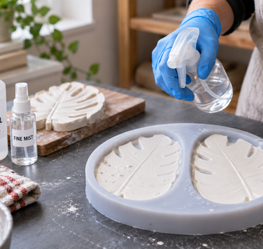 Crafter using a light spray while casting white plaster in a detailed silicone mould.