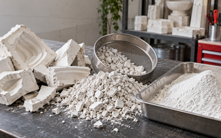 Broken plaster moulds being crushed and sieved into reusable plaster powder