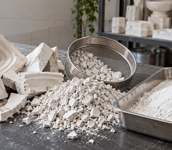Broken plaster moulds being crushed and sieved into reusable plaster powder