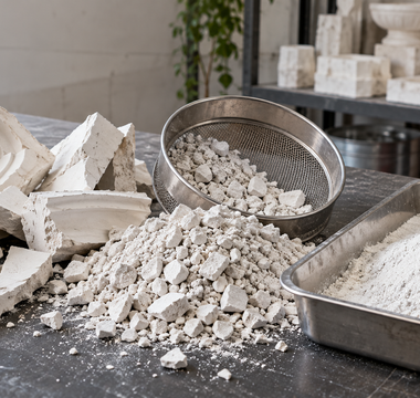 Broken plaster moulds being crushed and sieved into reusable plaster powder