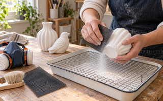 Maker sanding a white plaster casting with black drywall sanding screen over a dust collection tray