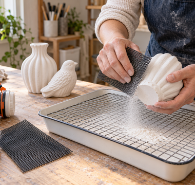 Maker sanding a white plaster casting with black drywall sanding screen over a dust collection tray