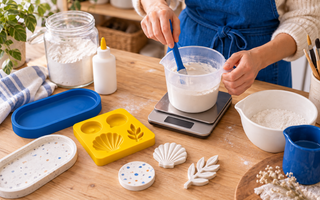 Home crafter weighing and mixing wood glue with Plaster of Paris beside silicone moulds