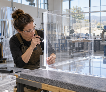 Woman fabricator measuring a clear acrylic aquarium panel before solvent cementing