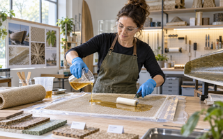 Woman laminating natural-fibre fabric with bio-based epoxy resin in a ventilated workshop