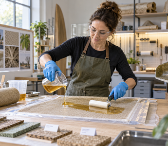Woman laminating natural-fibre fabric with bio-based epoxy resin in a ventilated workshop