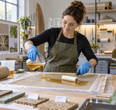 Woman laminating natural-fibre fabric with bio-based epoxy resin in a ventilated workshop