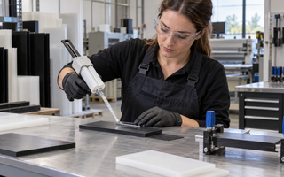 Woman preparing a controlled adhesive lap-joint test on black HDPE plastic coupons