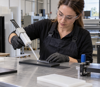 Woman preparing a controlled adhesive lap-joint test on black HDPE plastic coupons