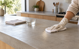 Gloved hand wiping a concrete kitchen countertop with a clean cloth