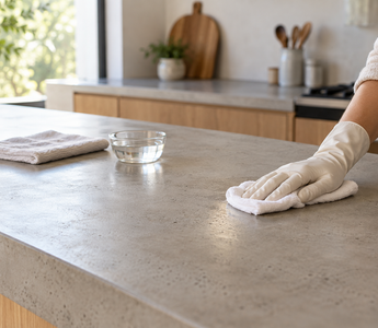 Gloved hand wiping a concrete kitchen countertop with a clean cloth
