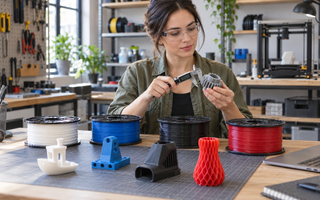 Woman comparing labelled spools of PLA, PETG, ABS and TPU beside a 3D printer