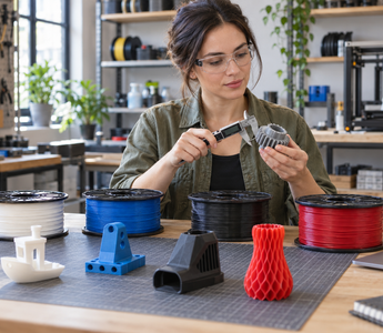 Woman comparing labelled spools of PLA, PETG, ABS and TPU beside a 3D printer
