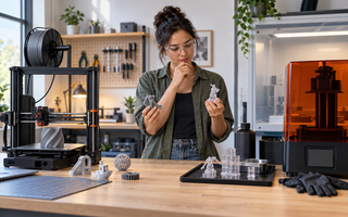 Woman comparing a filament 3D printer and resin 3D printer in a bright makerspace