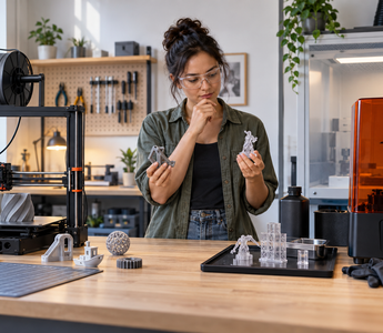 Woman comparing a filament 3D printer and resin 3D printer in a bright makerspace