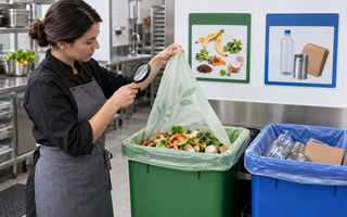 Woman comparing certified compostable bags and collection labels at a waste-sorting station