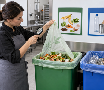 Woman comparing certified compostable bags and collection labels at a waste-sorting station