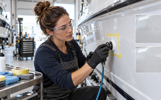 Female marine technician completing a localized cosmetic gelcoat repair on a white fiberglass boat hull