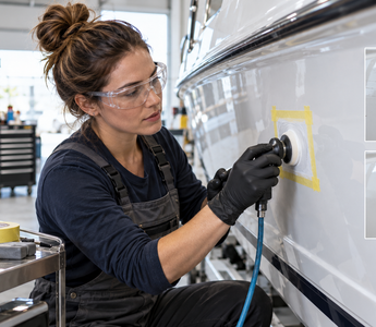 Female marine technician completing a localized cosmetic gelcoat repair on a white fiberglass boat hull