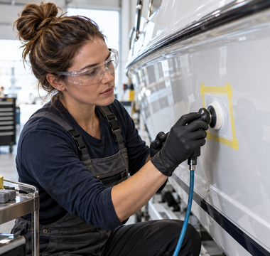 Female marine technician completing a localized cosmetic gelcoat repair on a white fiberglass boat hull