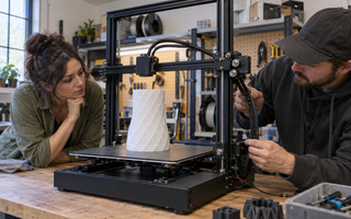 Woman inspecting a large functional print on a Creality CR-10 Smart 3D printer