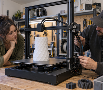 Woman inspecting a large functional print on a Creality CR-10 Smart 3D printer