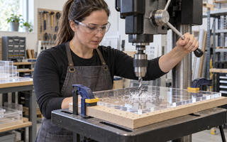 Woman drilling a clamped clear acrylic sheet on a drill press with an MDF backing board