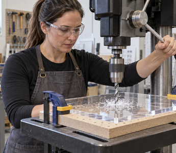Woman drilling a clamped clear acrylic sheet on a drill press with an MDF backing board