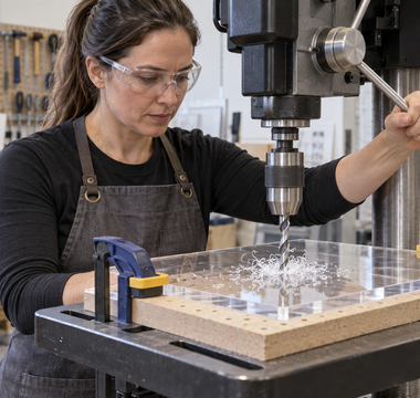 Woman drilling a clamped clear acrylic sheet on a drill press with an MDF backing board