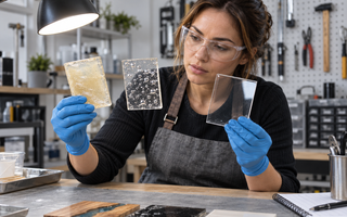 Woman inspecting epoxy test panels showing bubbles, fisheyes and incomplete cure