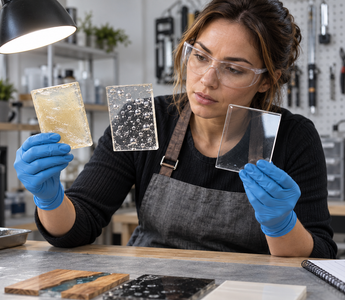 Woman inspecting epoxy test panels showing bubbles, fisheyes and incomplete cure