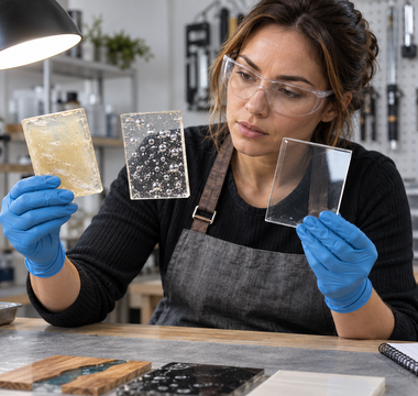 Woman inspecting epoxy test panels showing bubbles, fisheyes and incomplete cure