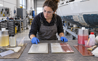 Woman composite technician comparing epoxy and polyester resin systems beside fiberglass test panels