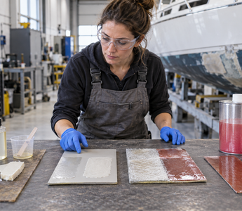 Woman composite technician comparing epoxy and polyester resin systems beside fiberglass test panels