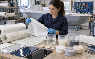 Woman comparing fibreglass cloth, polyester resin, epoxy and gelcoat at a technical workbench