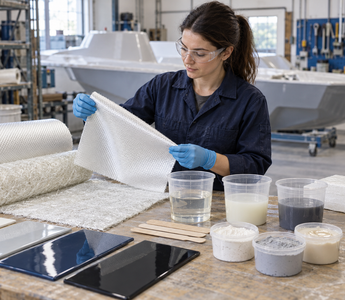 Woman comparing fibreglass cloth, polyester resin, epoxy and gelcoat at a technical workbench