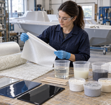 Woman comparing fibreglass cloth, polyester resin, epoxy and gelcoat at a technical workbench