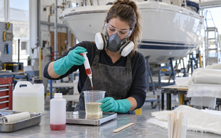 Female composites technician measuring MEKP catalyst into polyester resin in a clean boat repair workshop
