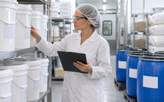Woman checking food-contact documentation on labelled plastic containers in a clean workspace