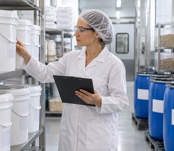Woman checking food-contact documentation on labelled plastic containers in a clean workspace