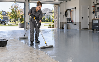 Woman applying grey epoxy floor coating with a squeegee and roller in a prepared garage