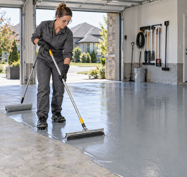 Woman applying grey epoxy floor coating with a squeegee and roller in a prepared garage